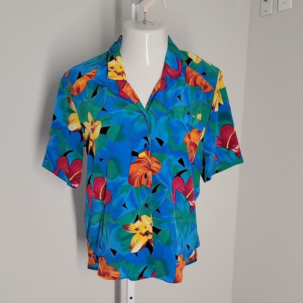 Tan Jay Vintage Button Up Collared Shirt ~ Sz 10 ~ Blue ~ Floral ~ Short Sleeve